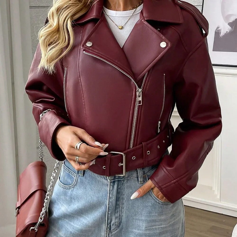 Burgundy Casual Women's Minimalist Zipper faux leather Short Jacket